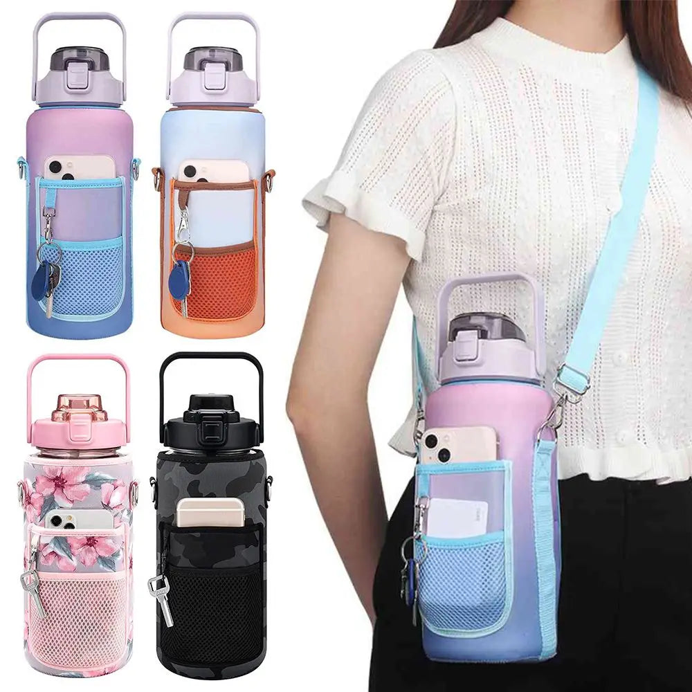 Portable Half Gallon Water Bottle Case Sleeve Sports Insulation Water Bottle Covers Pouch with Strap Cellphone Holder Bottle Bag