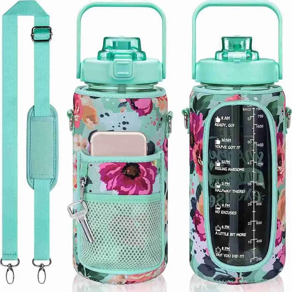 Portable Half Gallon Water Bottle Case Sleeve Sports Insulation Water Bottle Covers Pouch with Strap Cellphone Holder Bottle Bag
