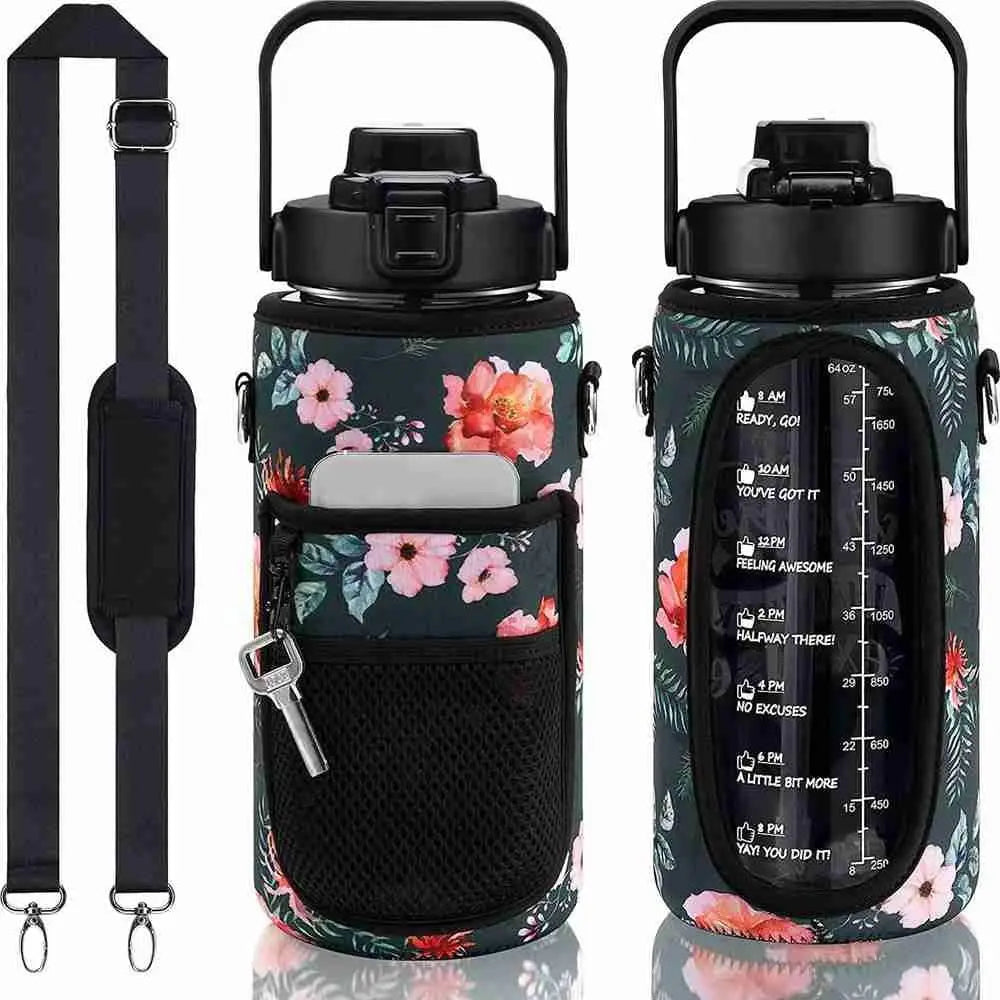 Portable Half Gallon Water Bottle Case Sleeve Sports Insulation Water Bottle Covers Pouch with Strap Cellphone Holder Bottle Bag